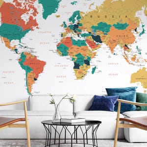 Bunte Politische Weltkarte Wallpaper | Bold Peel and Stick oder Traditionelles Wandbild | Modernes Schlafzimmer oder Arbeitszimmer Dekor