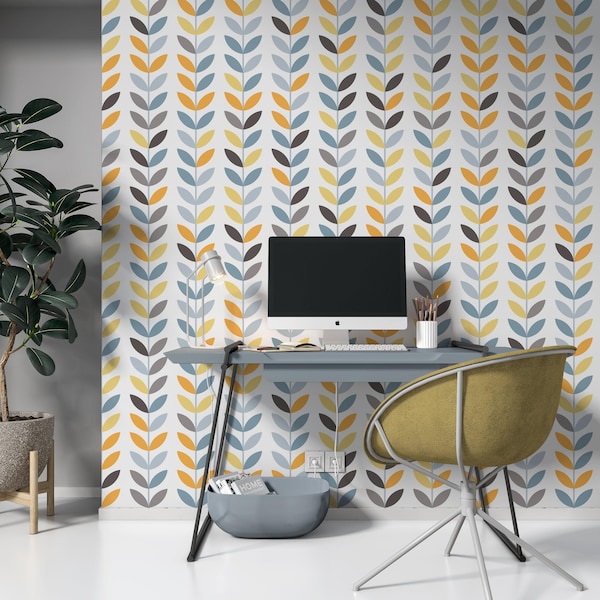 Minimalist Scandinavian Wallpaper, Leaf Pattern, Peel and Stick