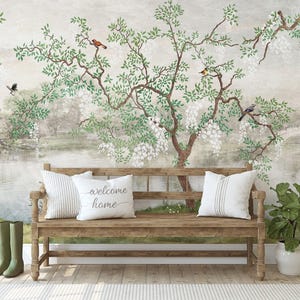 Chinoiserie Garten-Wandbild - Schälen und Aufkleben oder Traditionelle Entfernbare Tapete, Vogel-Bäume See-Kunst-Dekor