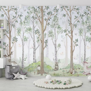 Watercolor Forest Animals Wallpaper Self Adhesive, Traditional Wallpaper Removable, Nursery Wallpaper,Hand Drawn Bush Lawn Birches Wallpaper