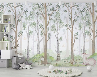 Watercolor Forest Animals Wallpaper Self Adhesive, Traditional Wallpaper Removable, Nursery Wallpaper,Hand Drawn Bush Lawn Birches Wallpaper