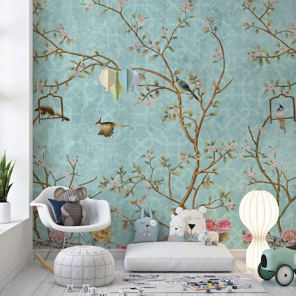 Turquoise Background Chinoiserie Peel and Stick Wallpaper, Home Decor Wallpaper Wall Mural, Vintage Background Birds Trees Floral Wallpaper