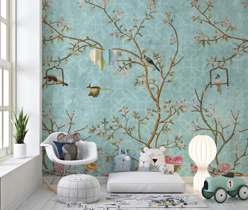 Turquoise Background Chinoiserie Peel and Stick Wallpaper, Home Decor Wallpaper Wall Mural, Vintage Background Birds Trees Floral Wallpaper image 1