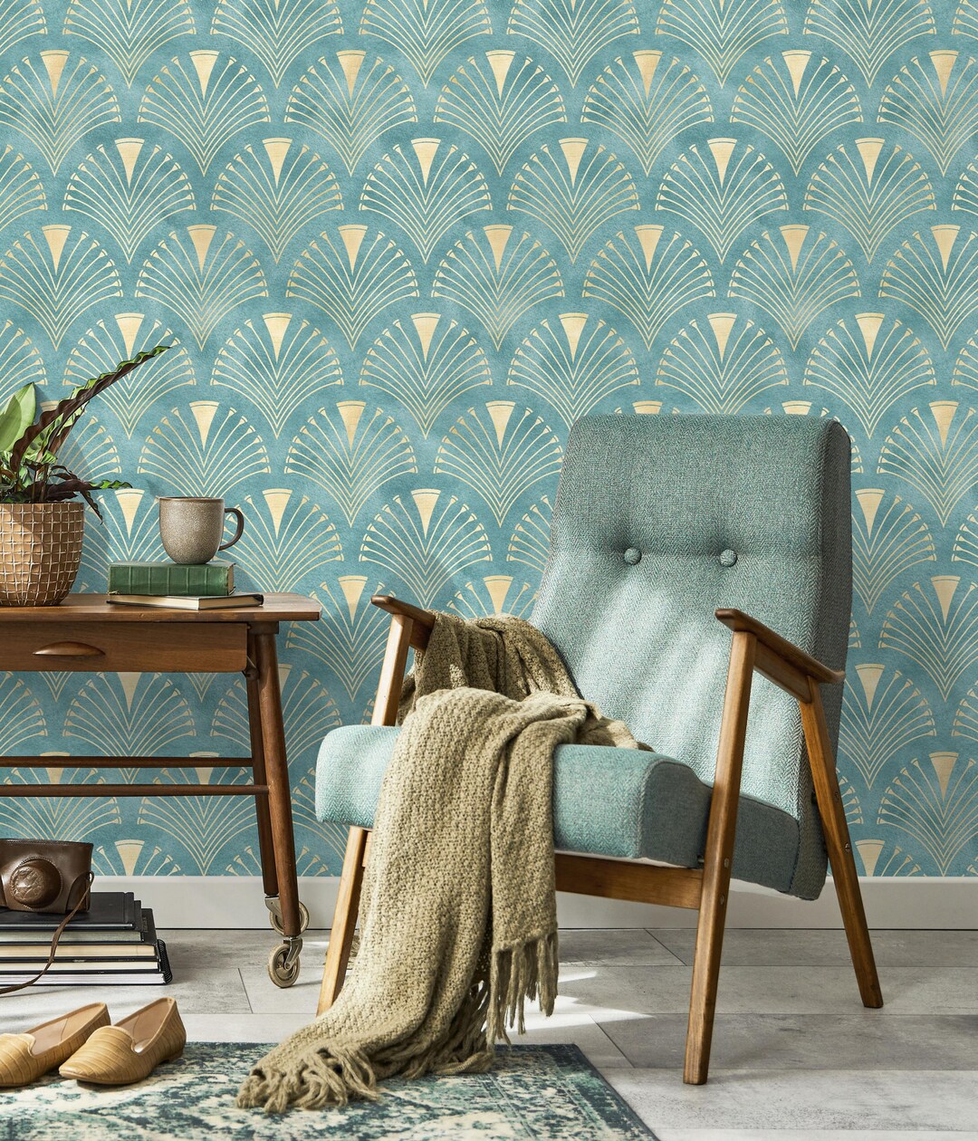 Vintage Teal Art Deco Wallpaper | Peel and Stick or Traditional Fan ...