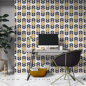 Scandinavian Wallpaper, Geometric Abstract Wallpaper, Modern Minimal Wall Mural, Removable Wallpaper, Scandinavian Floral Motif Wallpaper