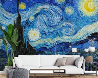 Starry Night Wallpaper, Abstract Landscape, Peel and Stick Wallpaper