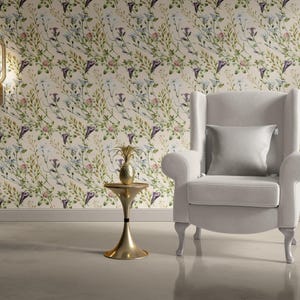 Papier peint pré de fleurs sauvages détaillé floral botanique vintage avec pellicule de protection ou décoration murale amovible traditionnelle