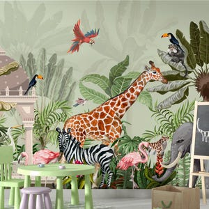 Jungle Wallpaper, Safari Wallpaper, Animals Wallpaper, Tropical Forest Wallpaper, Nursery Wall Mural, Kids Wall Mural, Removable Wallpaper