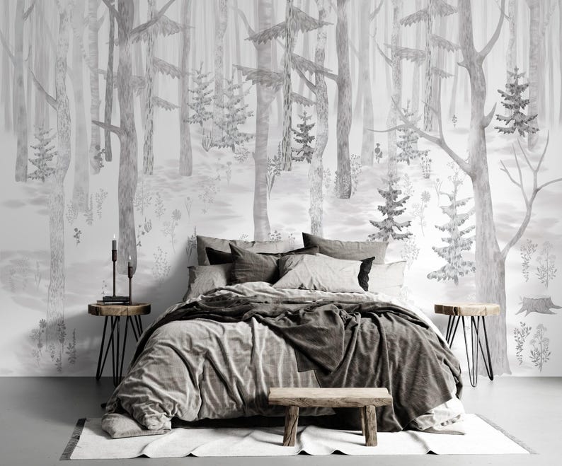 Monochrome Forest Wallpaper Mural – Black and White Nursery Decor, Peel ...