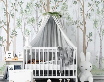Forest Trees Nursery Wallpaper, Peel and Stick or Traditional, Woodland Baby Room Wall Mural, Removable Kids Wall Decor