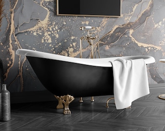 May include: A black clawfoot bathtub with a white interior and gold-toned feet, featuring a white towel draped over the side. A gold-toned faucet stands behind the tub, which is positioned in front of a gray and gold marbled wall.