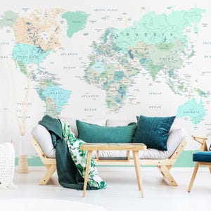 Mintgroen wereldkaartbehang | Peel-and-Stick of traditioneel | Moderne kantoorinrichting aan huis