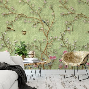 Green Floral Birds Wallpaper | Vintage Nature Wall Art (peel and Stick ...