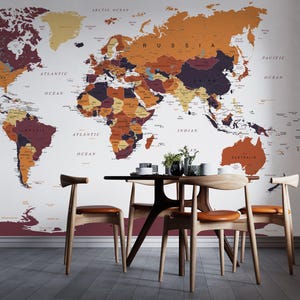 Mural de pared con mapa del mundo vintage, papel tapiz extraíble en tonos tierra, póster de geografía para decoración del hogar y la oficina.