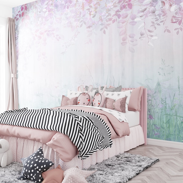 Floral Wallpaper, Misty Forest Wallpaper Trees Forest Wallpaper, Purple Green Leaves Wallpaper, Peel and Stick Bedroom Wallpaper Mural