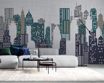 City Silhouette Wallpaper Modern Cityscape Wall Murals Peel and Stick, New York Silhouette Wall Mural Architecture Wallpaper Removable