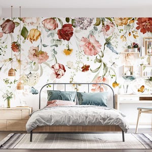 Elegant Hanging Floral Wallpaper | Light Watercolor Wall Mural | Peel and Stick or Traditional | Bedroom or Serene Interior Accent