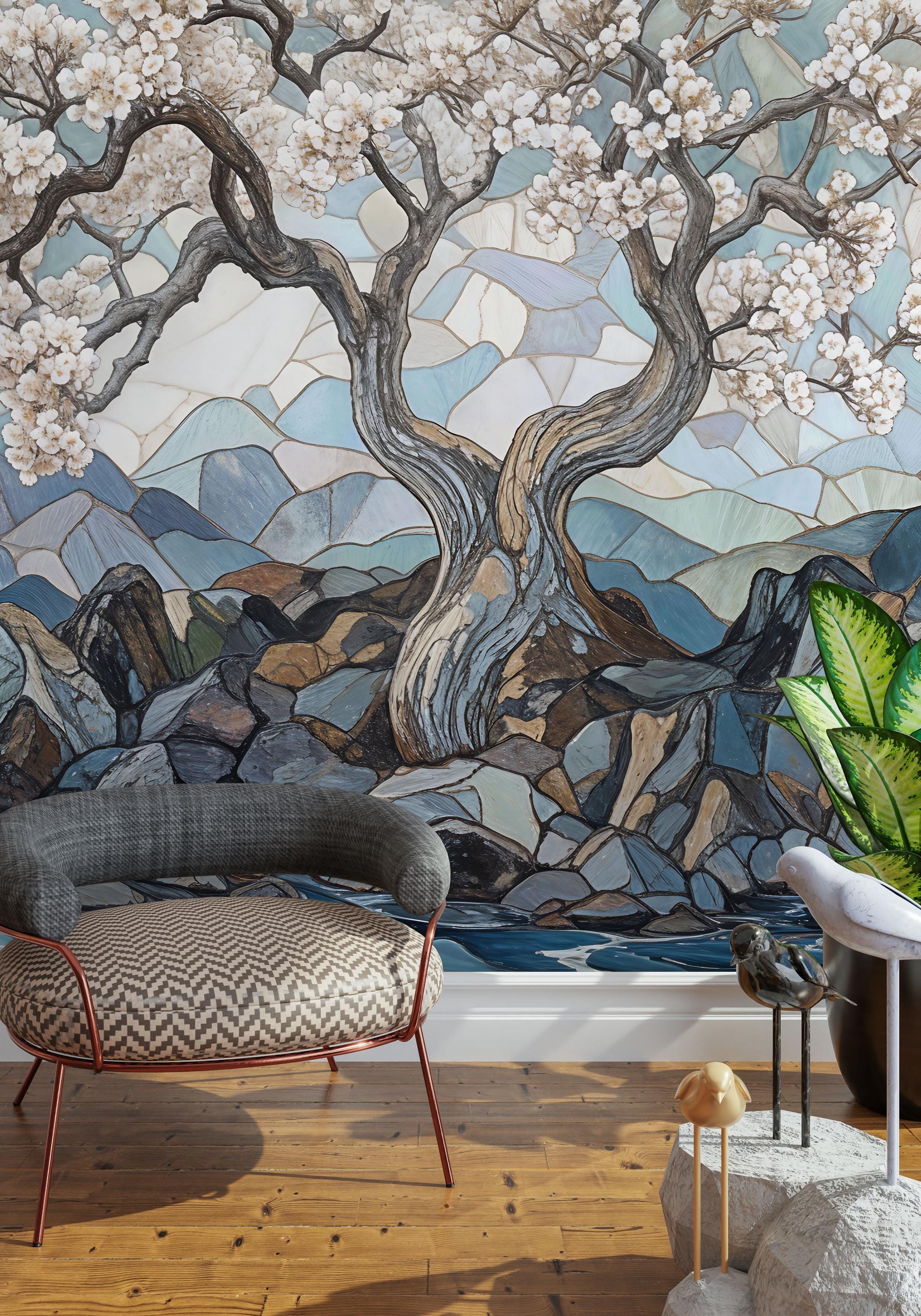 Cherry Blossom Tree Wallpaper, Japanese Mosaic Wall Mural, Peel