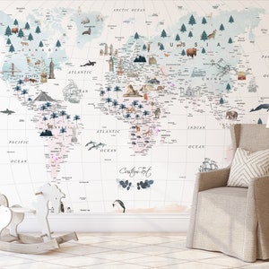 Educational Detailed World Map Wallpaper for Kids, Customized Kids World Map Wallpaper, Kids Room Decor, Peel And Stick Wallpaper