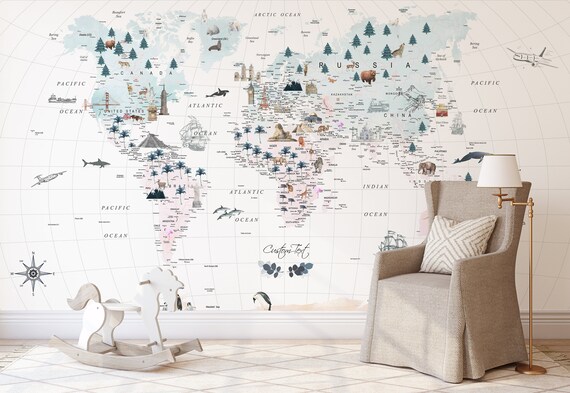 Educational Detailed World Map Wallpaper For Kids Customized Etsy