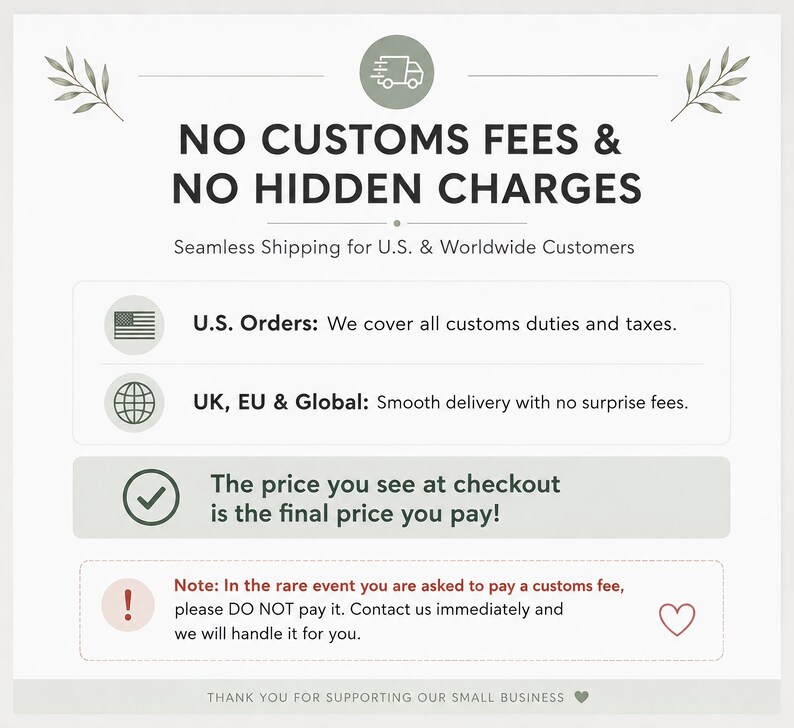 May include: A white informational graphic with dark grey text stating NO CUSTOMS FEES & NO HIDDEN CHARGES. It details policies for U.S. orders, UK, EU & Global delivery, confirms final checkout pricing, and provides instructions for customs fee inquiries.