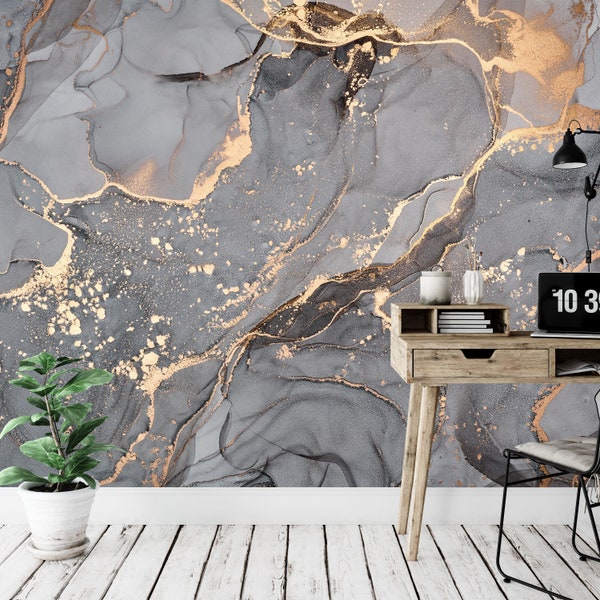 Abstract Wallpaper, Modern Art Wallpaper, Gray Gold Marble Wallpaper, Fluid Art Wall Mural, Alcohol Ink Wallpaper Mural Wall Covering