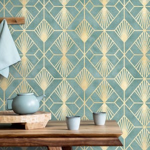 Carta da parati Art Déco geometrica verde acqua, staccabile e attaccabile, o murale tradizionale/dorato con gabbia a ventaglio per pareti di soggiorno, camera da letto e sala da pranzo