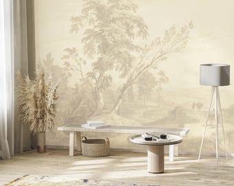 Vintage Beige Landscape Wallpaper Mural, Scenic Wall Art, Peel and Stick