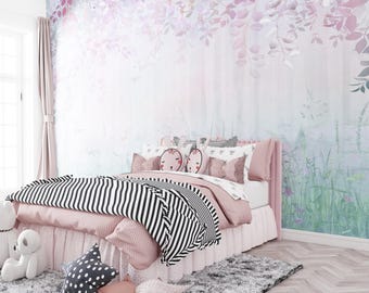 パステルカラーの葉っぱのウォールミューラル | 柔らかな植物柄の壁紙 | 貼ってはがせるタイプ、または従来のタイプ | リビングルームやラウンジにぴったりの夢のような花柄装飾