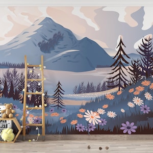 Mountain Mural Wallpaper, Spring Flowers Extra Large Wall Art, Peel And Stick Wallpaper, Kids Room Decor Wallpaper, Removable Wall Mural