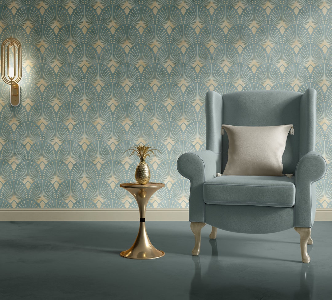 Art Deco Wallpaper, Green Background Abstract Shapes Wall Art