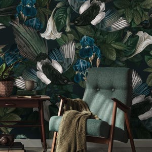Dark Botanical Bird Wallpaper, Magpie Iris Floral Wall Mural, Peel and Stick, Traditional Removable Wallpaper, Vintage Maximalist Decor