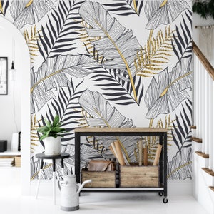 Tropical Gold Leaves Wallpaper, Self Adhesive Peel and Stick Wallpaper, Removable Wallpaper Mural, Living Room Wallpaper