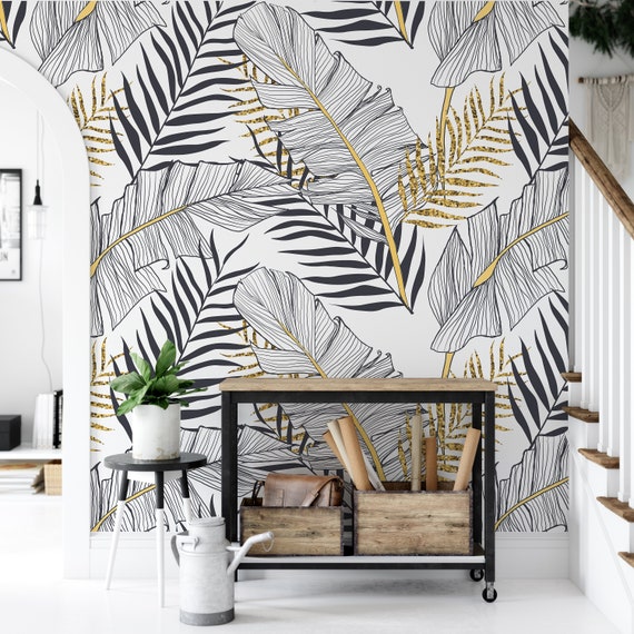 Peel and Stick Wallpaper Gold Contact Paper Leaf Wallpaper Boho Leaves Peel  and Stick Wallpaper Self-Adhesive Wallpaper Waterproof Wallpaper for Wall