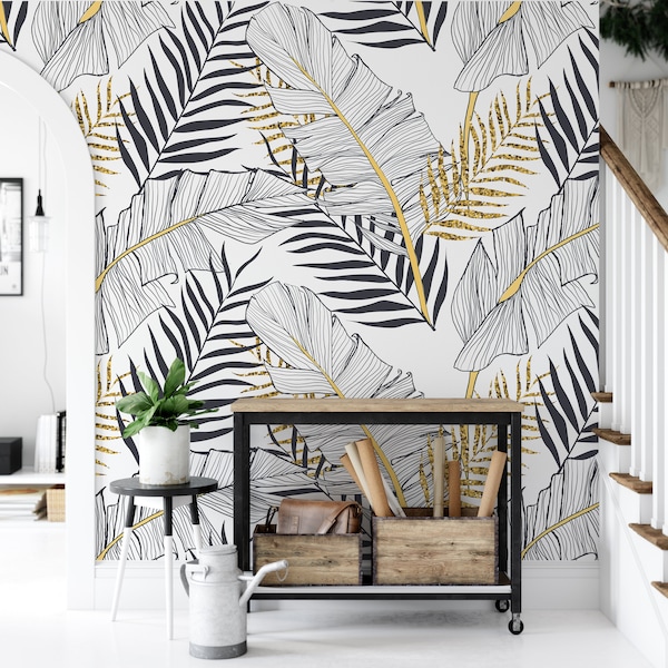 Tropical Gold Leaves Wallpaper, Self Adhesive Peel and Stick Wallpaper, Removable Wallpaper Mural, Living Room Wallpaper