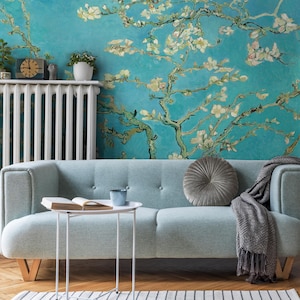 Van Gogh Almond Blossom Wallpaper, Turquoise Japanese Floral Wall Mural, Peel and Stick Removable Traditional Wallpaper