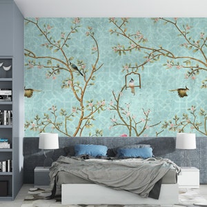 Turquoise Background Chinoiserie Peel and Stick Wallpaper, Home Decor Wallpaper Wall Mural, Vintage Background Birds Trees Floral Wallpaper image 3