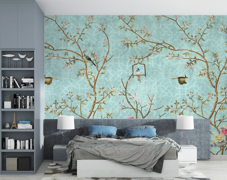 Turquoise Background Chinoiserie Peel and Stick Wallpaper, Home Decor Wallpaper Wall Mural, Vintage Background Birds Trees Floral Wallpaper image 3