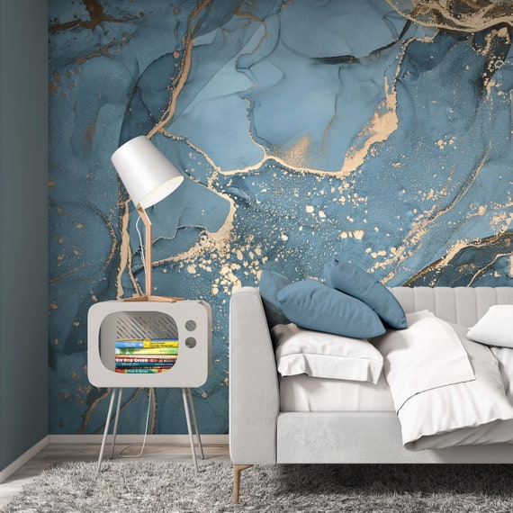 salade Onnodig dagboek Abstract behang modern kunstbehang blauw goud marmerbehang - Etsy België