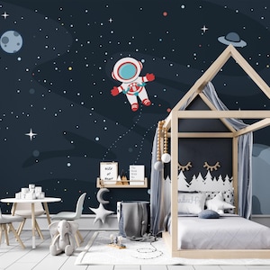 Carta da parati carina con astronauta, carta da parati spaziale, carta da parati con pianeti e stelle, carta da parati con razzi e luna, carta da parati per bambini, carta da parati tradizionale