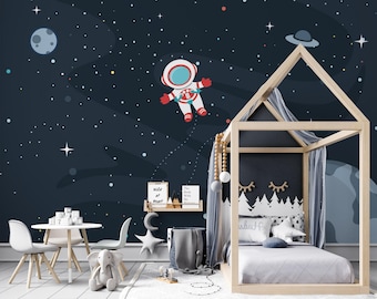 Ruimtebehang astronaut, kinderkamerdecoratie, planeten en sterren, traditioneel of Peel & Stick