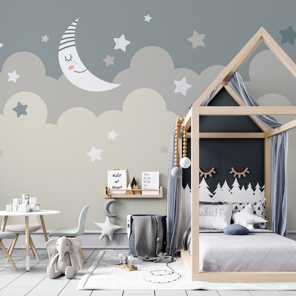 Kids Wallpaper, Starry Night Sleep Wallpaper, Cute New Moon Wallpaper, Peel and Stick Wallpaper, Clouds and Stars Wallpaper