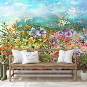 Bright Wildflower Wall Mural | Colorful Garden Wallpaper | Peel and Stick or Traditional | Vibrant Entryway or Hallway Decor