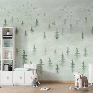 Watercolor Green Pine Trees Wallpaper, Watercolor Foggy Forest Wallpaper, Watercolor Foggy Mountains Wallpaper, Nature and Birds Wallpaper