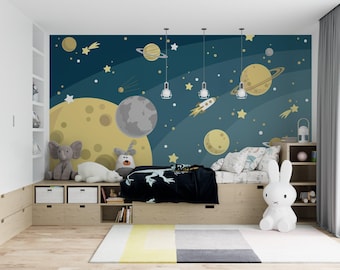 Ruimtebehang voor kinderen, planeten, sterren, Peel and Stick