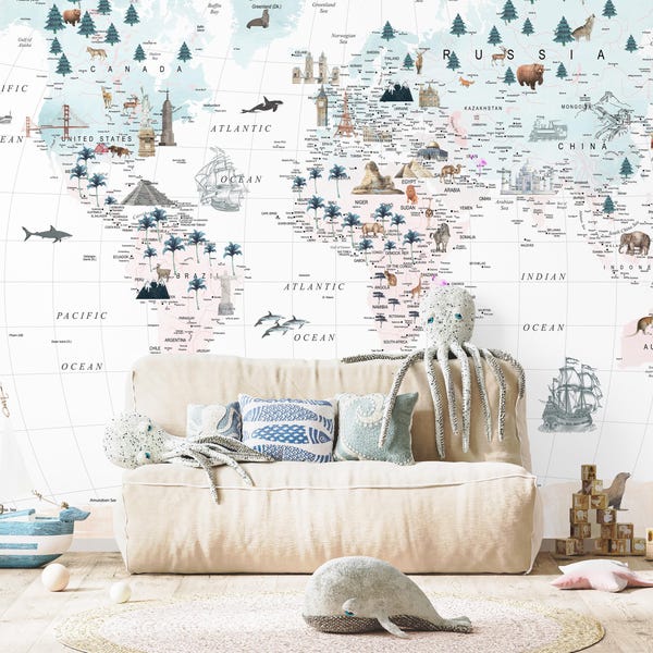 Kids World Map Nursery Wallpaper | Educational Animal Landmark Mural | Soft Pastel Nursery Decor