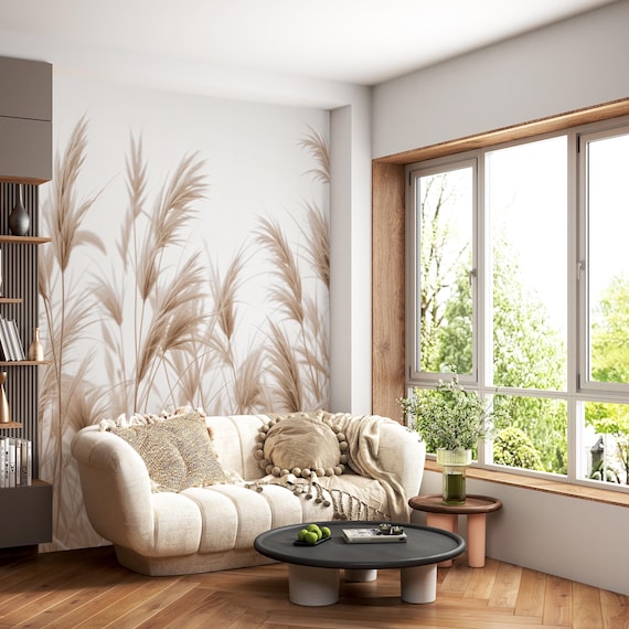 Boho Pampasgras Tapete | Beige Neutrales Wandbild, abnehmbares Dekor