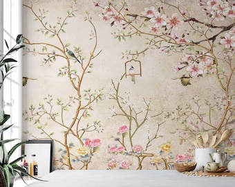Chinoiserie Wallpaper, Vintage Decor Wallpaper Wall Mural, Birds Trees Floral Remove Wallpaper, Bedroom Nursery Peel and Stick Wallpaper