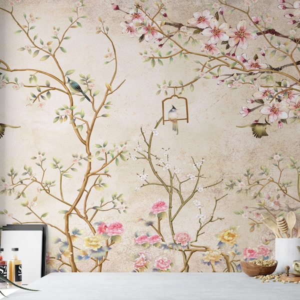 Chinoiserie Wallpaper, Vintage Decor Wallpaper Wall Mural, Birds Trees Floral Remove Wallpaper, Bedroom Nursery Peel and Stick Wallpaper