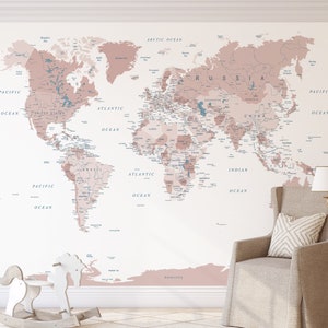 Customized Large World Map Wall Decal World  Map Wallpaper World Map Mural, Peel And Stick Wallpaper, Self Adhesive Wallpaper,Kids Wallpaper